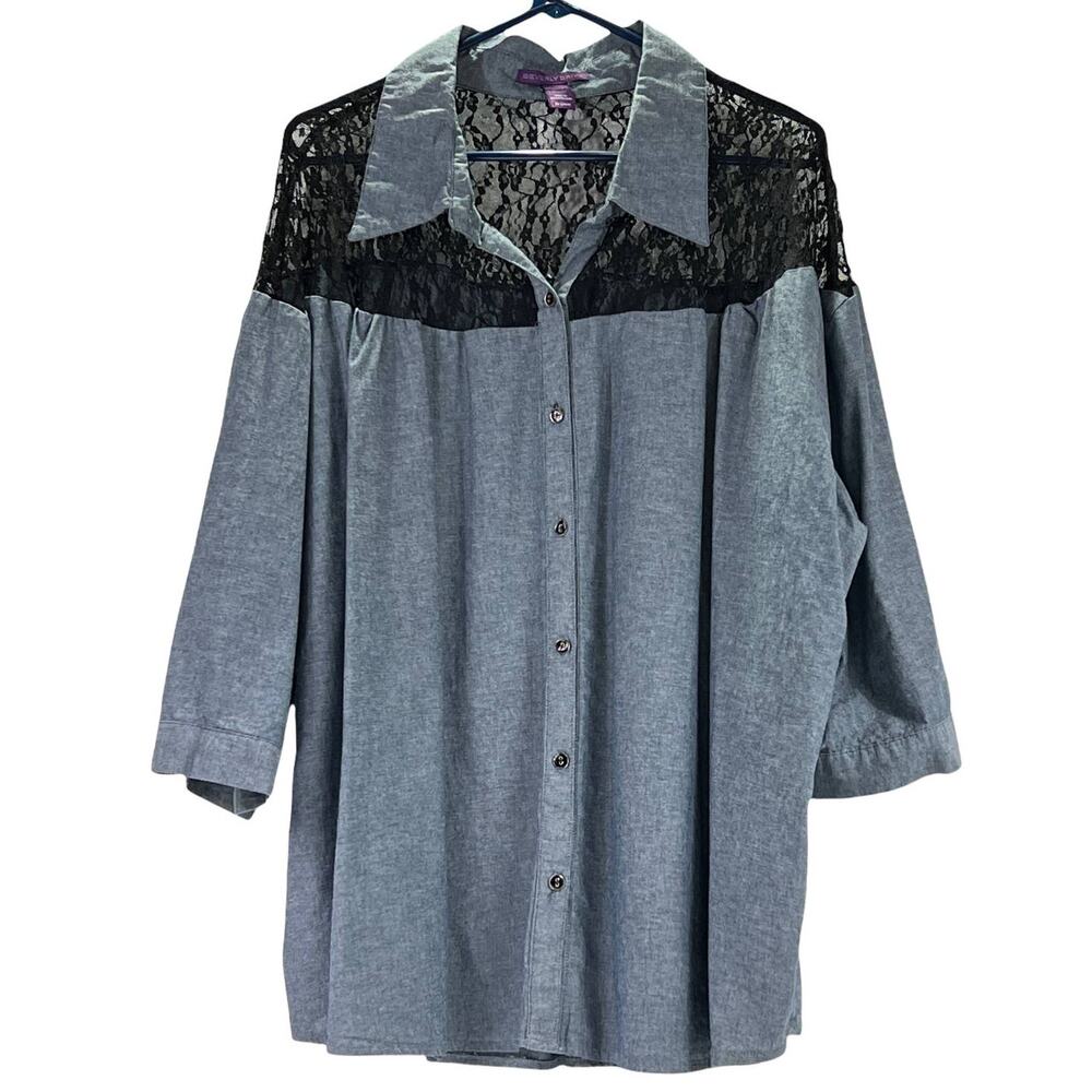 Beverly Drive Chambray & Lace Blouse Tunic 3/4 Roll Tab Plus 20-22W Blue Black